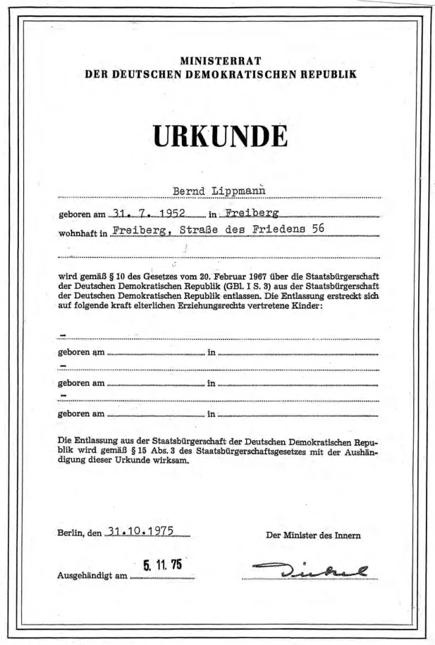 Urkunde Entlassung aus der Staatsbürgeschaft