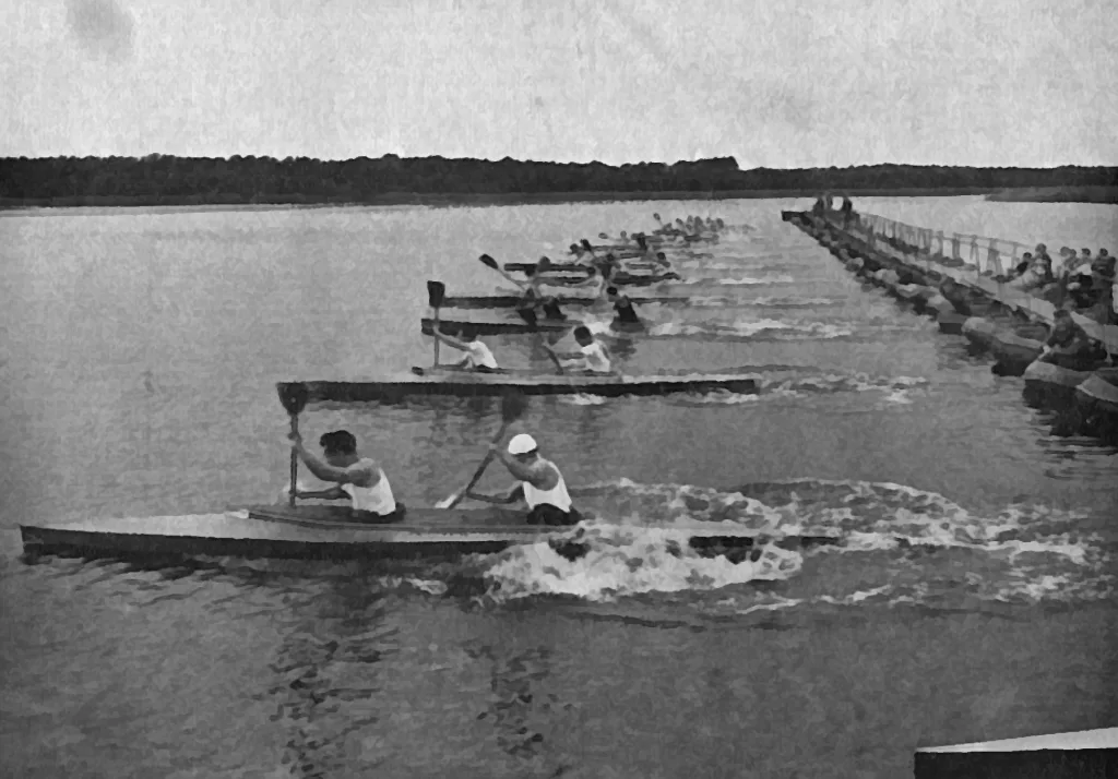 Start zum 10km-Faltbootrennen am Seddinsee, Olympiade 1936 in Berlin