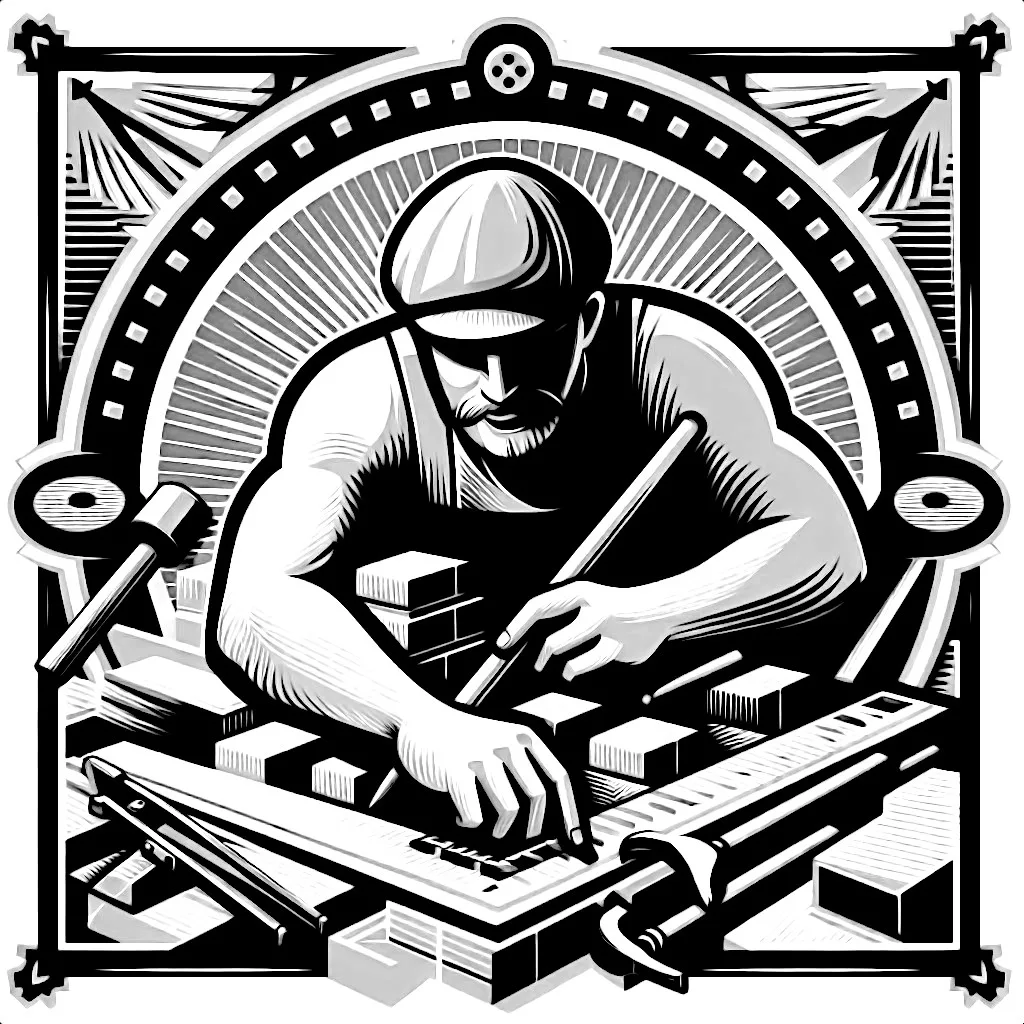 Emblem für das Bauwesen, das den Arbeiter in den Mittelpunkt stellt